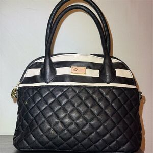 👜 Betsey Johnson Women's Black Quilted Top Handle Satchel with Striped Detail